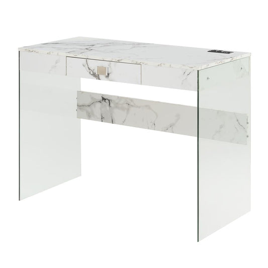 Soho 42 Inch Glass Desk With Charging Station, Faux White Marble