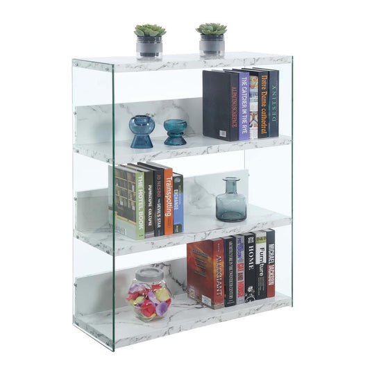 SoHo 4 Tier Wide Bookcase, White Faux Marble/Glass