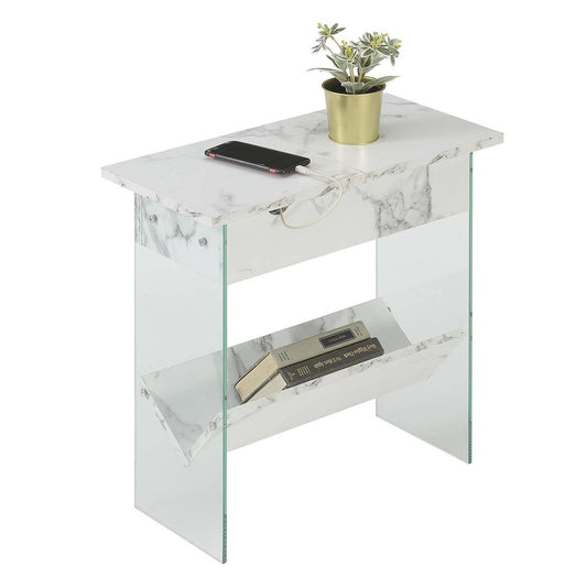 SoHo Flip Top End Table with Charging Station and Shelf, White Faux Marble/Glass