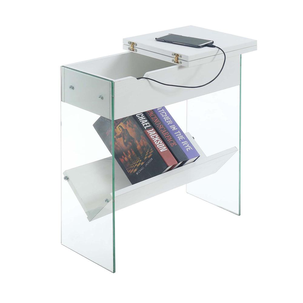 SoHo Flip Top End Table with Charging Station and Shelf, White