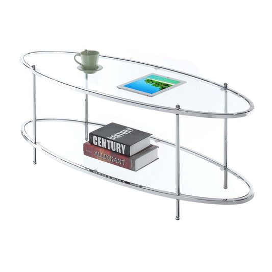 Royal Crest 2 Tier Oval Glass Coffee Table, Clear Glass/Chrome Frame