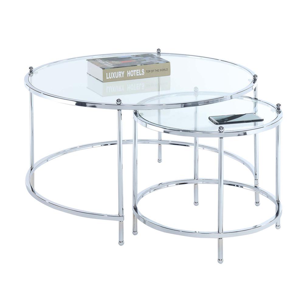 Royal Crest Nesting Round Glass Coffee Tables, Clear Glass/Chrome Frame