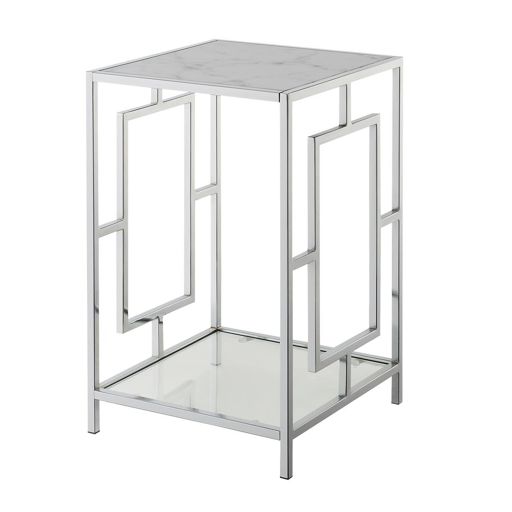 Town Square Chrome End Table with Shelf White Faux Marble/Chrome