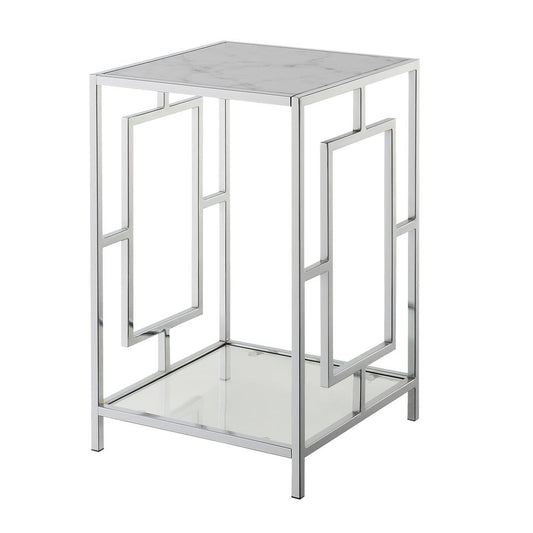 Town Square Chrome End Table with Shelf White Faux Marble/Chrome