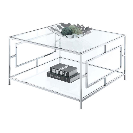 Town Square Chrome Square Coffee Table with Shelf, Clear Glass/Chrome Frame