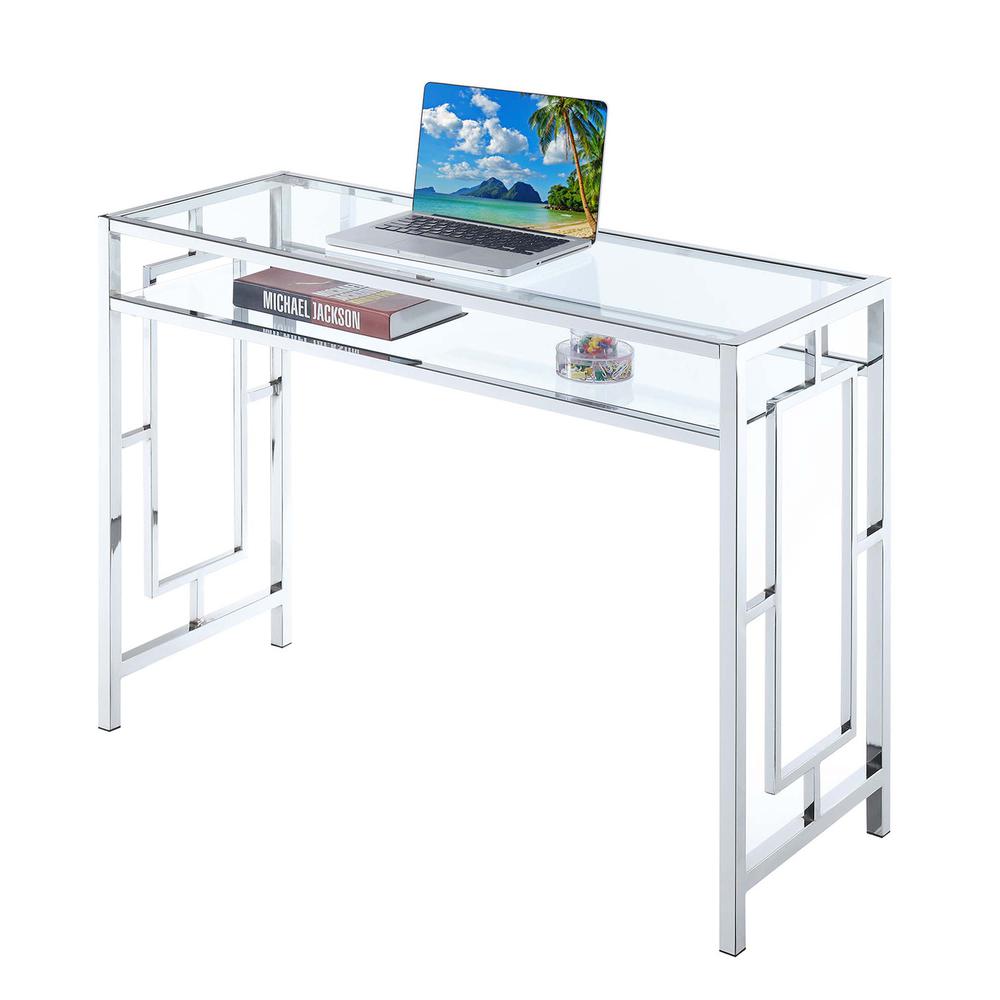 Town Square Chrome Desk With Shelf, Clear Glass/Chrome Frame