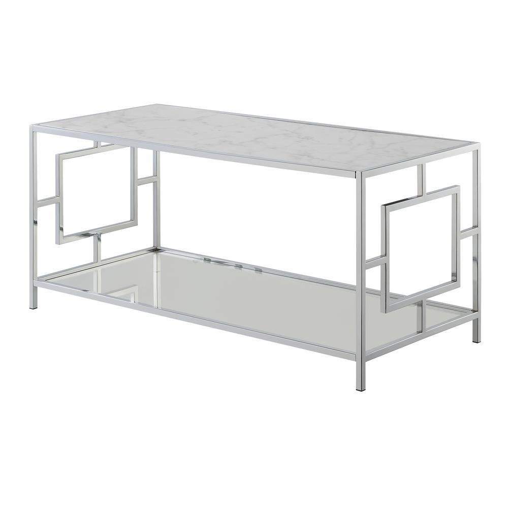 Town Square Chrome Coffee Table with Shelf White Faux Marble/Chrome