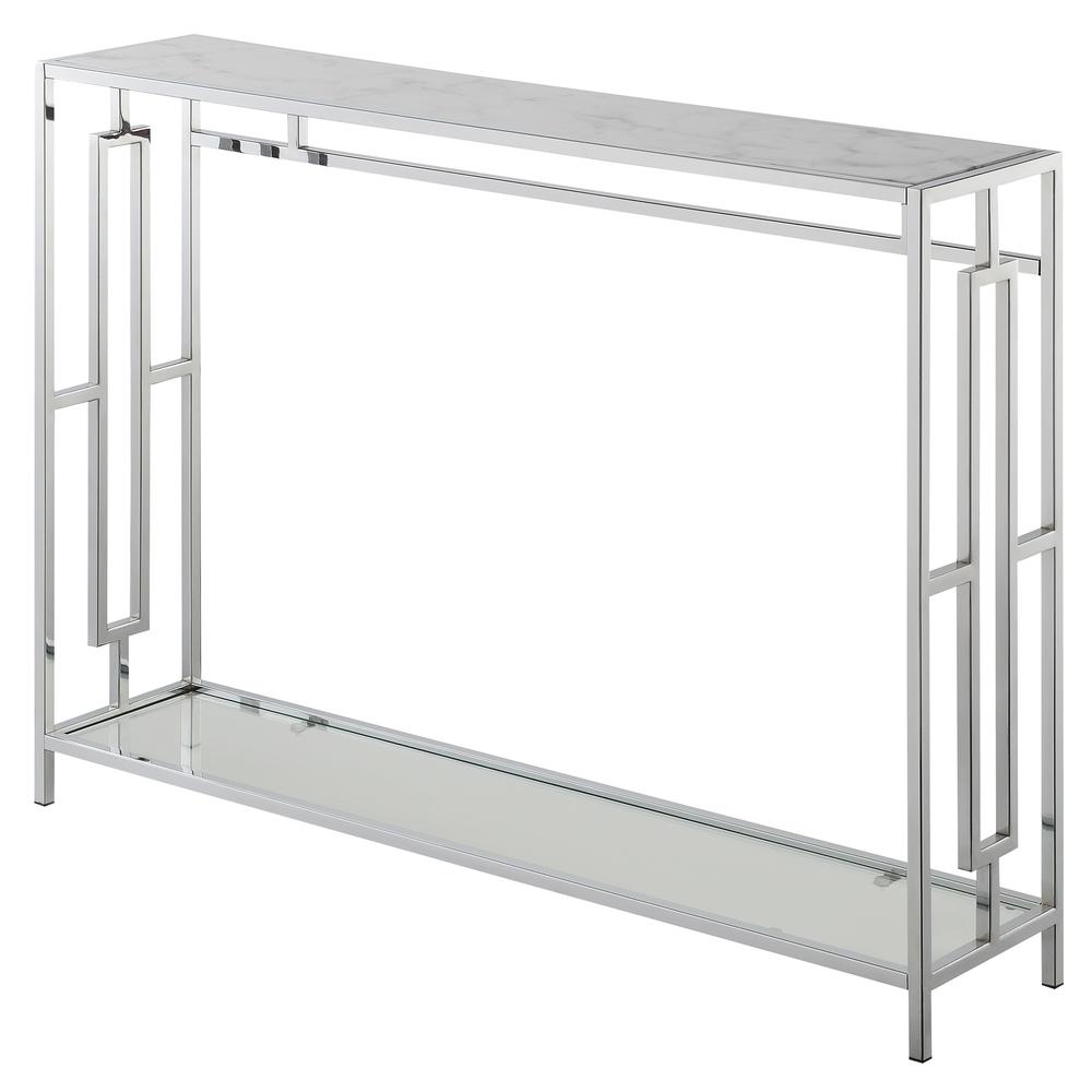 Town Square Chrome Console Table with Shelf White Faux Marble/Chrome