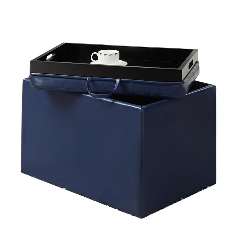 Designs4Comfort Accent Storage Ottoman with Reversible Tray Blue Faux Leather