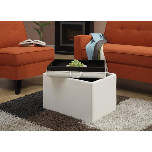 Designs4Comfort Accent Storage Ottoman with Reversible Tray Ivory Faux Leather