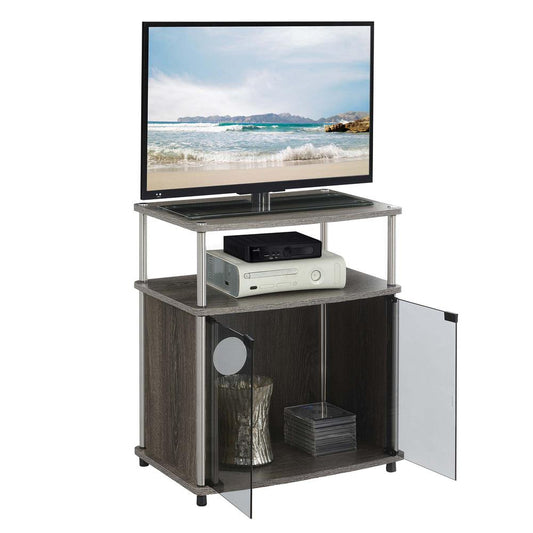 Designs2Go TV Stand with Black Glass Storage Cabinet and Shelf, Weathered Gray