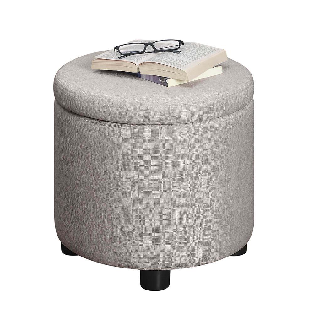 Designs4Comfort Round Accent Storage Ottoman with Reversible Tray Lid Light Tan Fabric