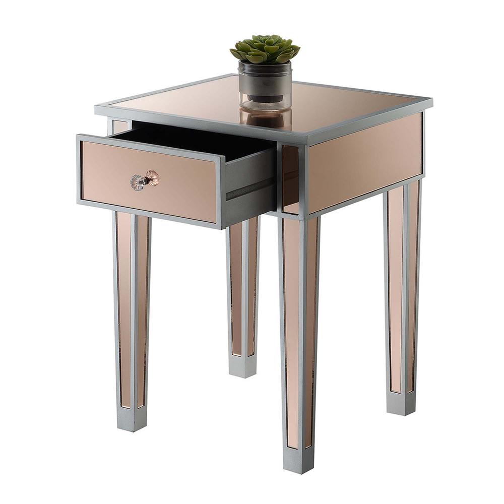 Gold Coast Mirrored 1 Drawer End Table, Silver/Rose