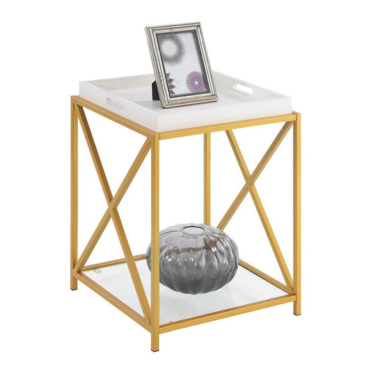 St. Andrews End Table with Shelf and Removable Trays, White/Gold