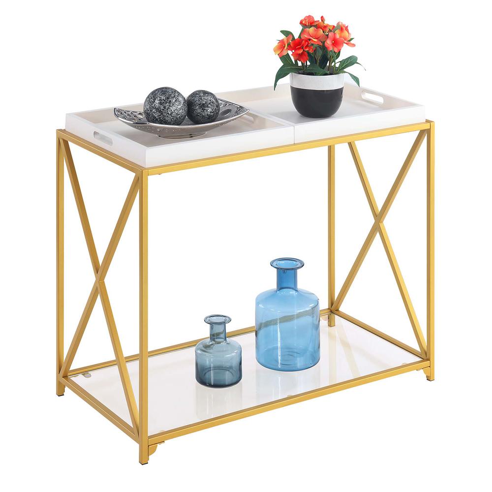 St. Andrews Console Table with Shelf and Removable Trays, White/Gold