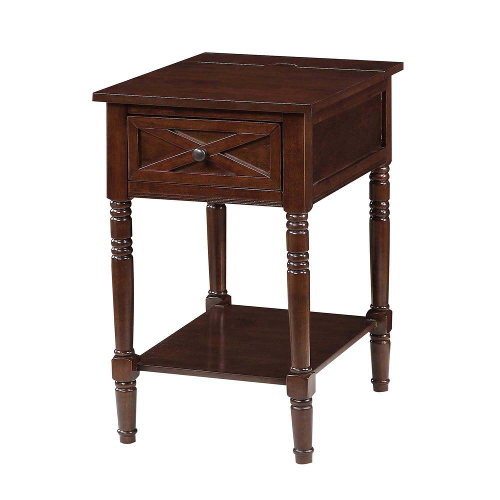 Country Oxford 1 Drawer End Table with Charging Station and Shelf, Espresso