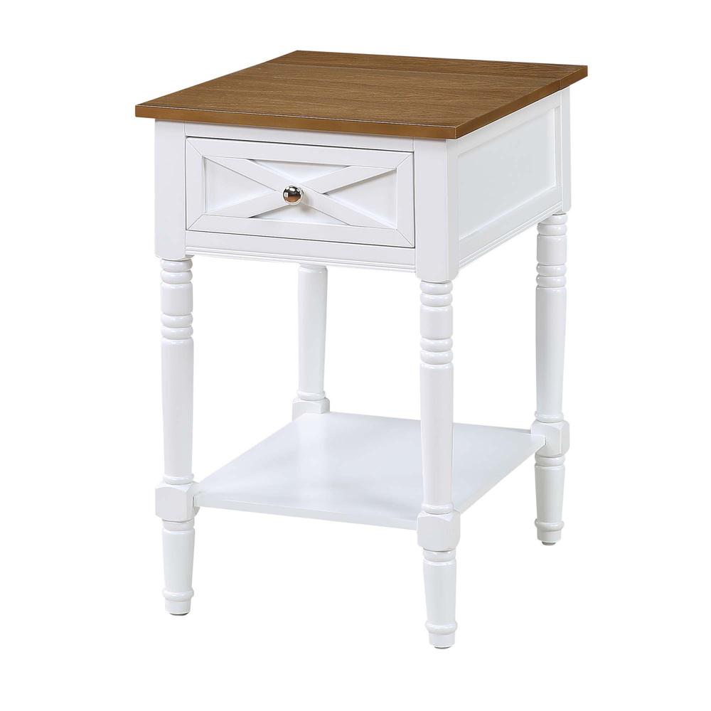 Country Oxford 1 Drawer End Table with Charging Station and Shelf, Driftwood/White