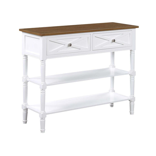 Country Oxford 2 Drawer Console Table with Shelves, Driftwood Top/White Frame