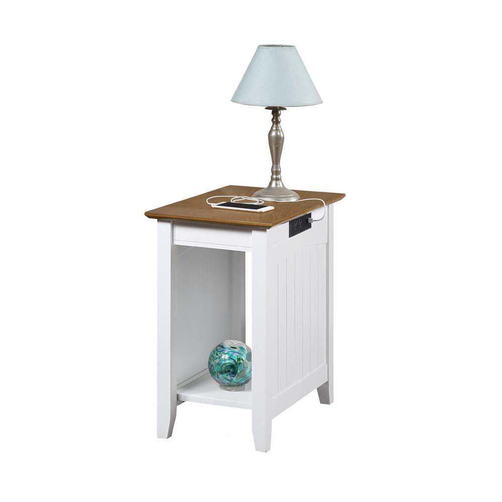 Edison End Table with Charging Station and Shelf, Driftwood/White