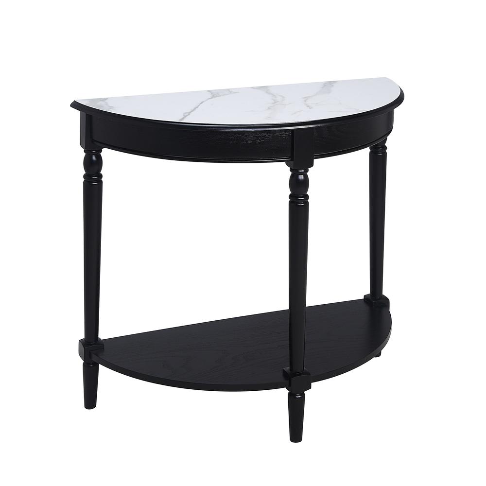 French Country Half-Round Entryway Table with Shelf, White Faux Marble/Black