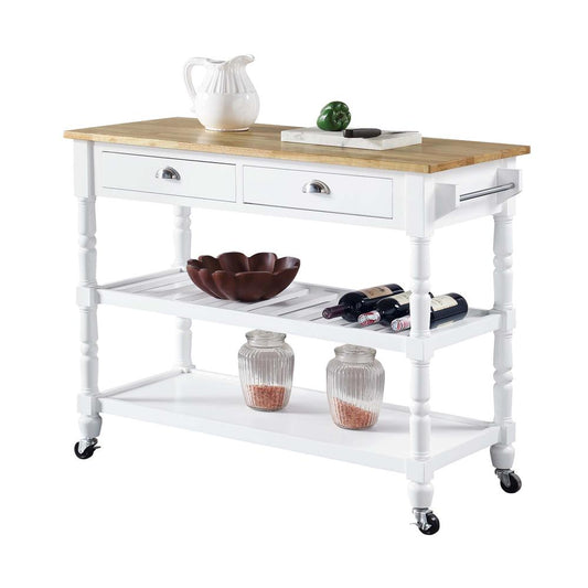 French Country 3 Tier Butcher Block Kitchen Cart with Drawers, Butcher Block/White