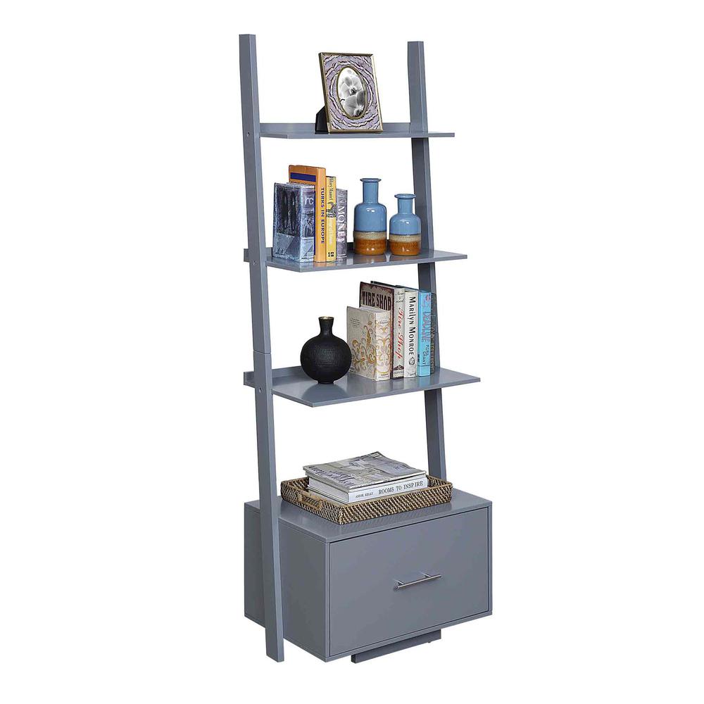 American Heritage Ladder Bookshelf with File Drawer, Gray