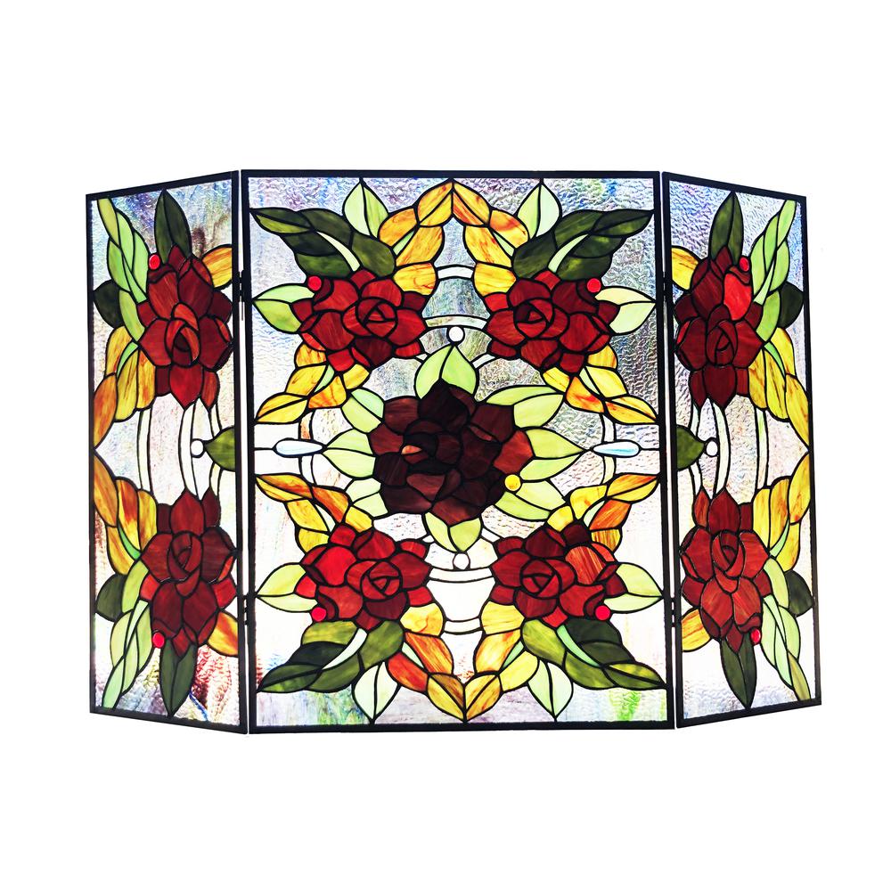 CHLOE Lighting CANNA Tiffany-Style 3pcs Folding Floral Stained Glass Fireplace Screen 40" Width