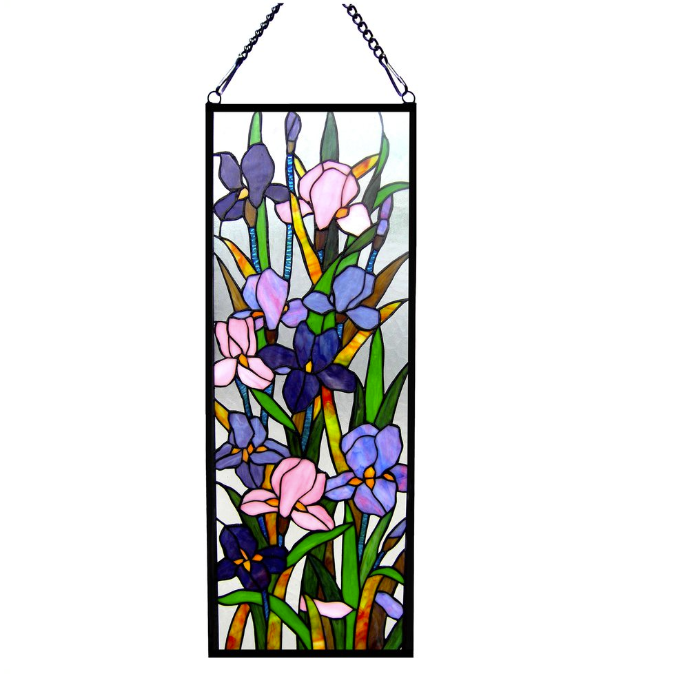 SORORIA Tiffany-glass Iris Design Window Panel 11.5x31.5