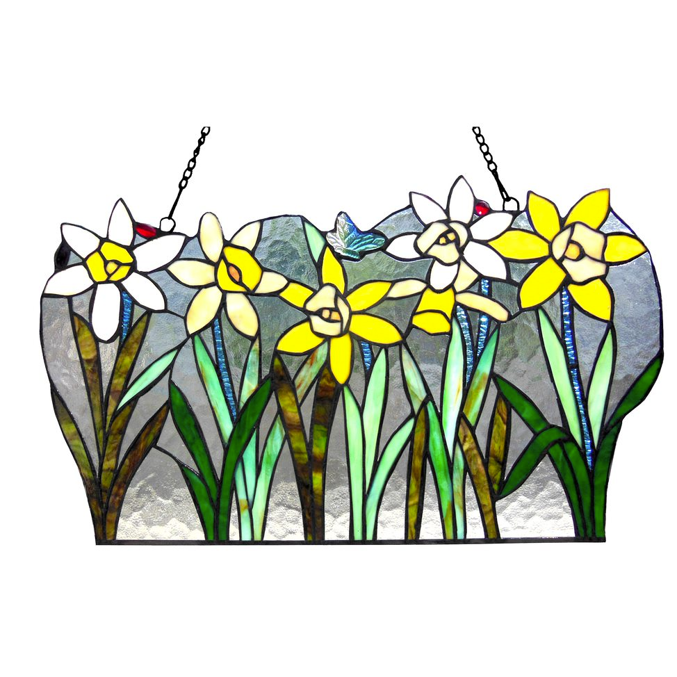 DAISY Tiffany-glass Flowers Window Panel 23" Wide