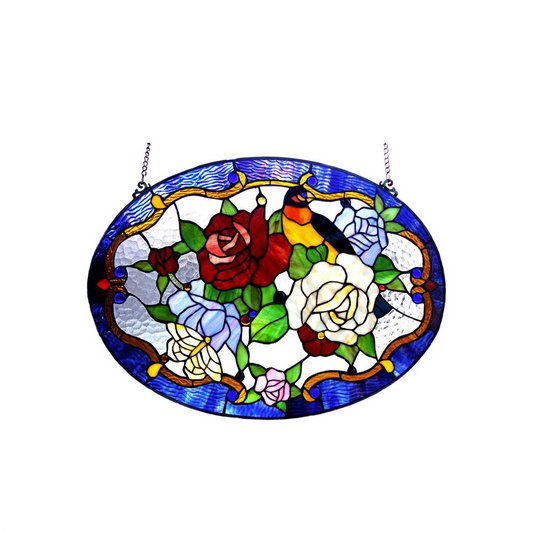 ALYSSA Tiffany-glass Roses/Bird Window Panel 24x18