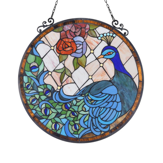 MADISON Tiffany-glass Peacock Window Panel 24"