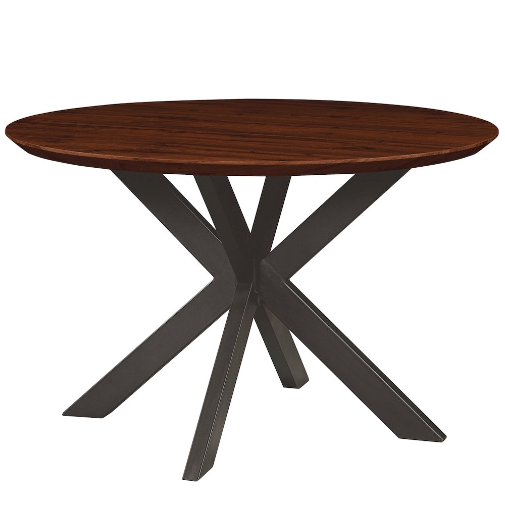 LeisureMod Ravenna 47" Round Wood Dining Table With Modern Metal Base Dark Walnut