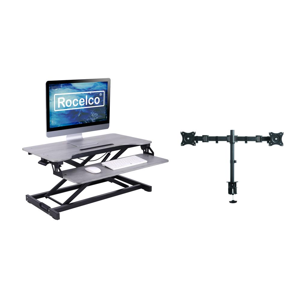 Rocelco Standing Desk Converter with Dual Monitor Mount - 31.5 Inch Sit Stand Up Tabletop Riser with Tablet Holder, Height Adjustable Workstation - Deep Keyboard Tray for Laptop - Gray (R VADRG-DM2)