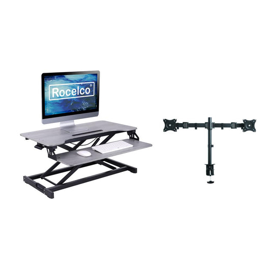 Rocelco Standing Desk Converter with Dual Monitor Mount - 31.5 Inch Sit Stand Up Tabletop Riser with Tablet Holder, Height Adjustable Workstation - Deep Keyboard Tray for Laptop - Gray (R VADRG-DM2)