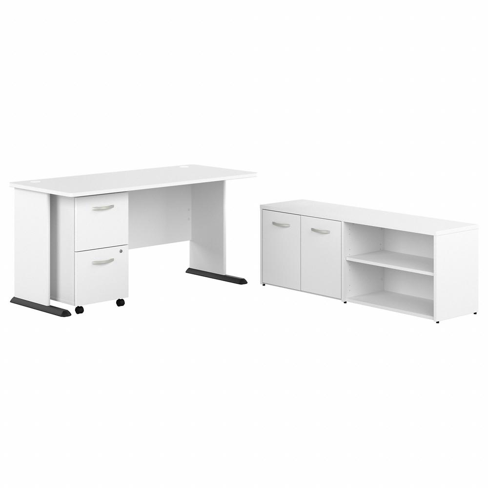 Bush Business Furniture Studio A 60W Computer Desk with Mobile File Cabinet and Low Storage Cabinet - 26.8" x 59.6"29.7" - 2 x File Drawer(s) - 2 Shelve(s) - Finish: Thermoplastic Laminate, White