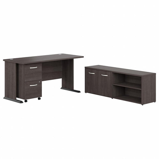 Bush Business Furniture Studio A 60W Computer Desk with Mobile File Cabinet and Low Storage Cabinet - 26.8" x 59.6"29.7" - 2 x File Drawer(s) - 2 Shelve(s) - Finish: Thermoplastic Laminate, Storm Gray