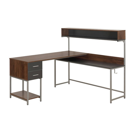 Techni Mobili L-Shape Desk with Hutch and Storage, Walnut