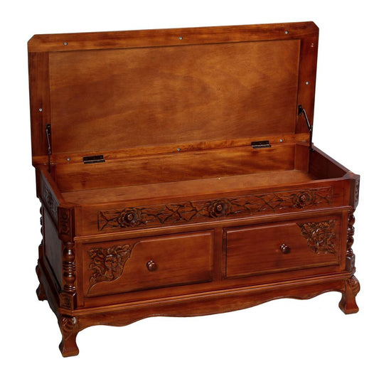 Carved Wood 2 Drawer Storage Bench