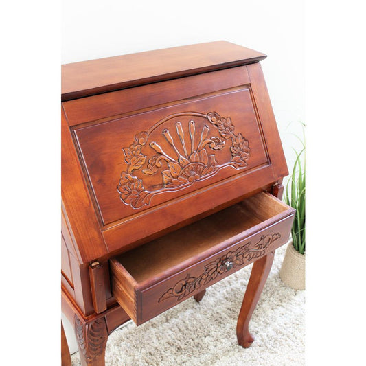 Small Carved Secretary Desk with Fold Out Front