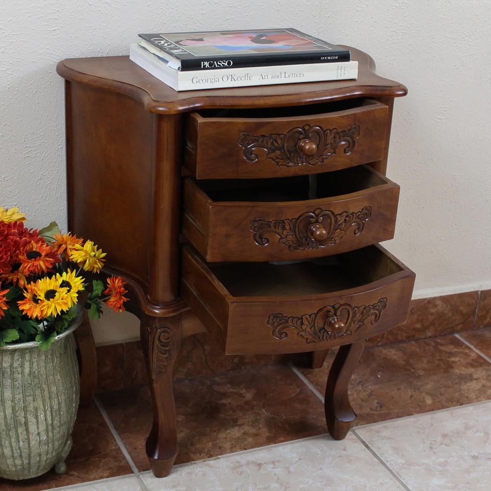 Carved Wood Three Drawer Scalloped Night Stand