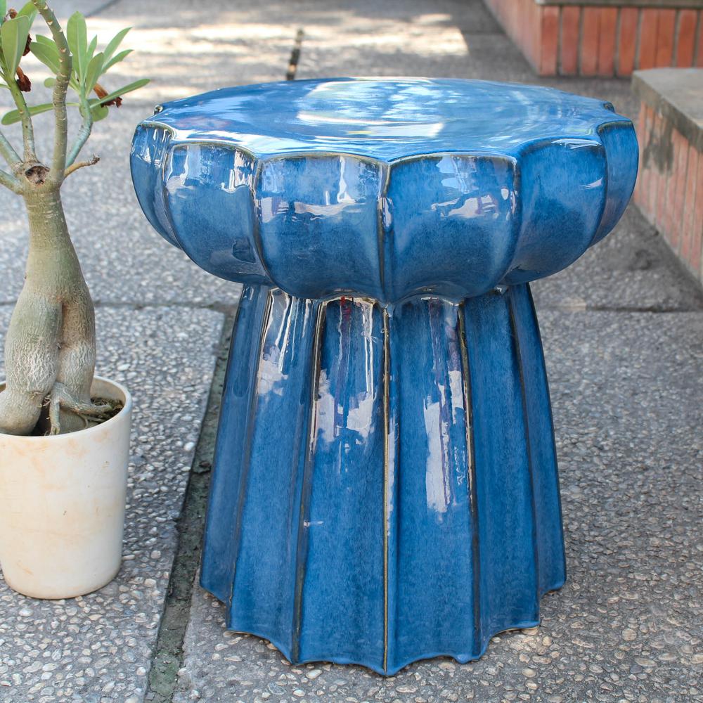 Navy Blue Round Scalloped Ceramic Garden Stool