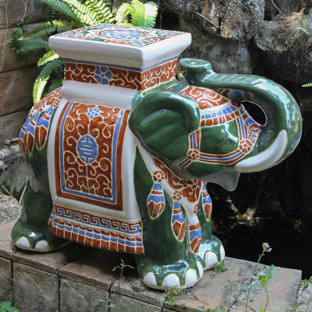 Large Porcelain Elephant Stool-Green