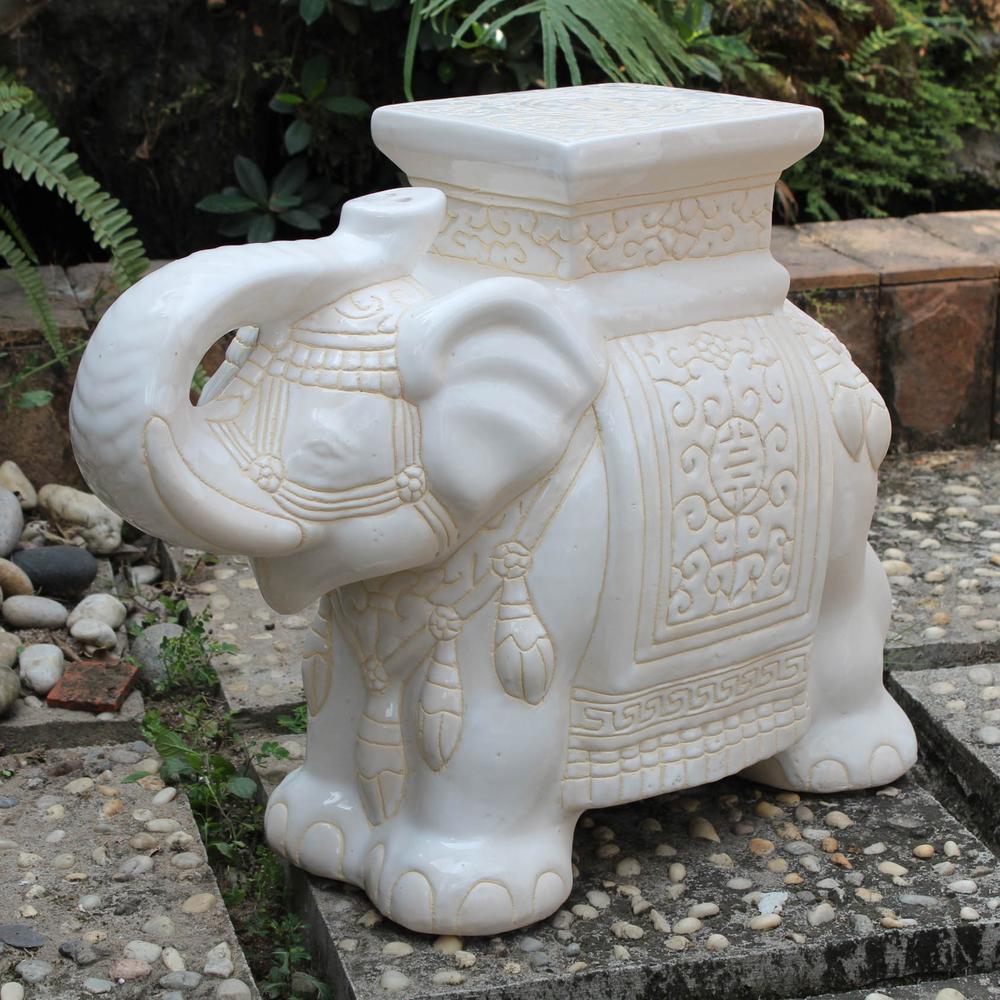 Large Porcelain Elephant Stool-White Wash