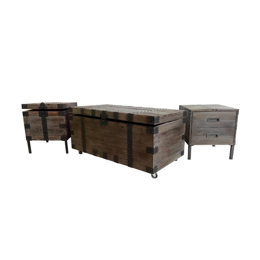 Trunk Coffee Table With Reclaim Wood And Black Metal Coffee Table And Two End Tables