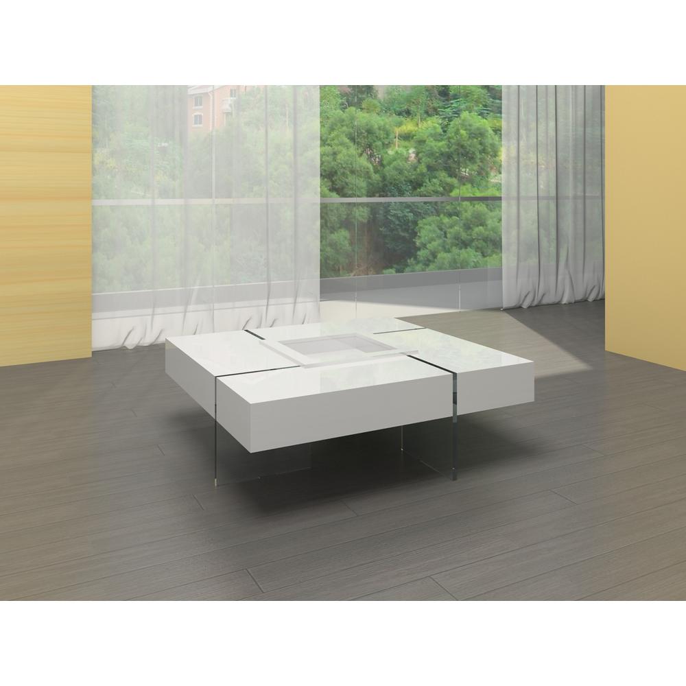 White Lacquer Top Coffee Table W/ Center Tray, Glass Legs