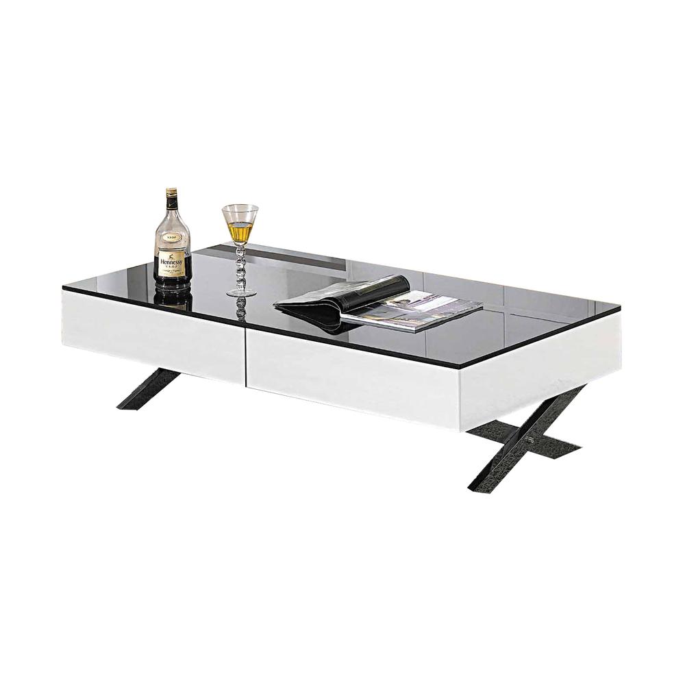 COFFEE TABLE, BLACK/WHITE MIRROR W/ CHROME LEGS, 51" x 28" x