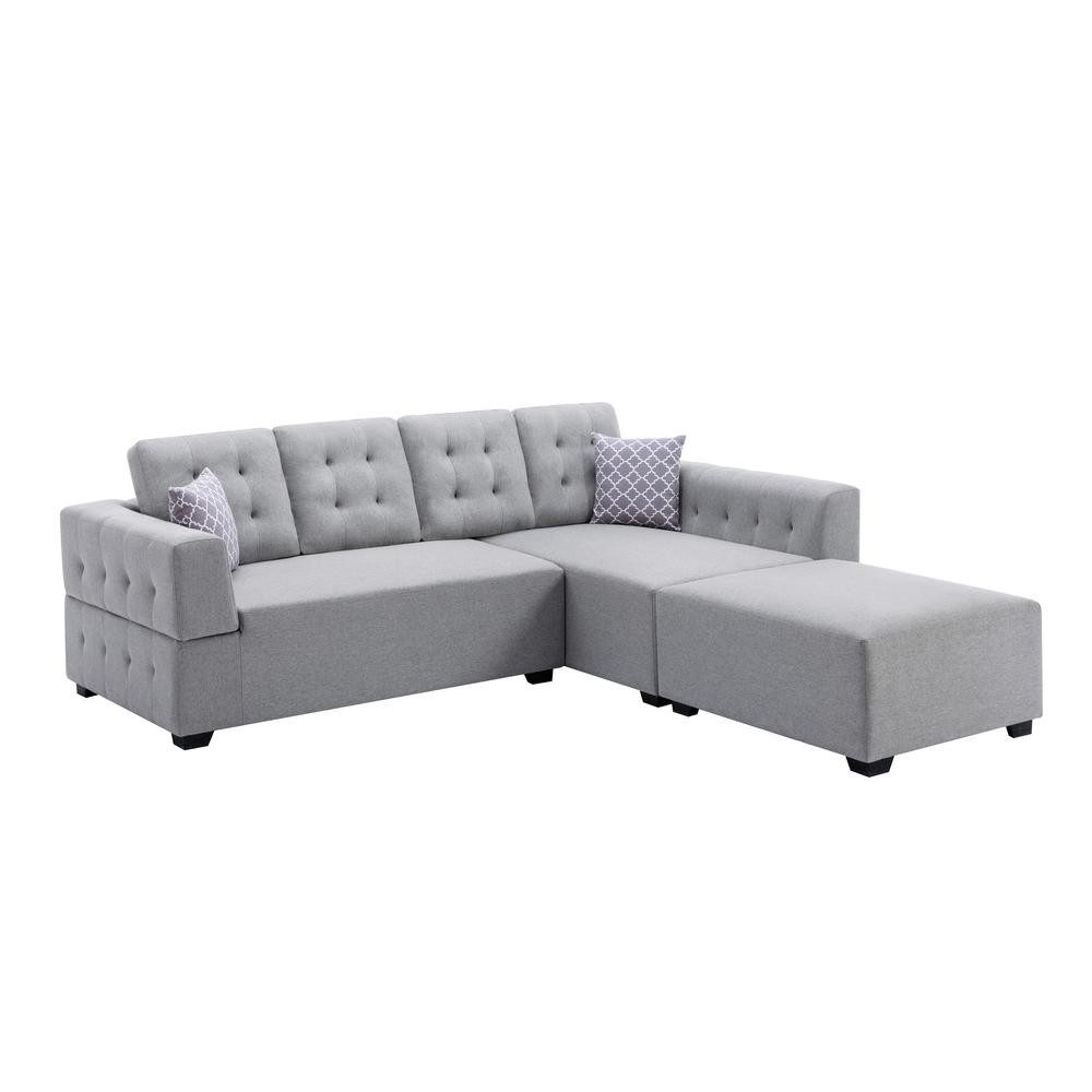 Ordell Light Gray Linen Fabric Sectional Sofa with Right Facing Chaise Ottoman and Pillows