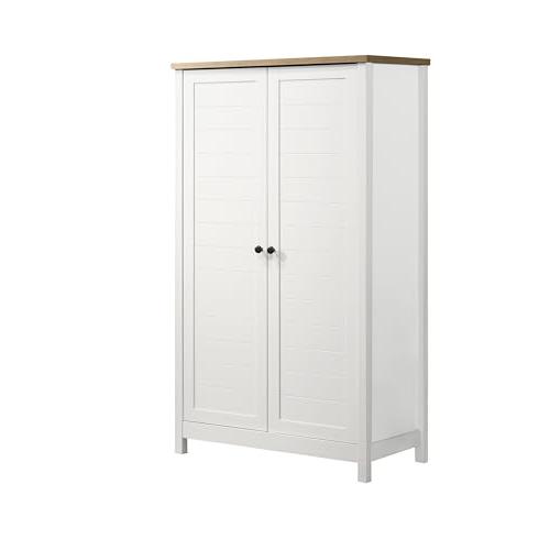 White Storage Cabinet with Oak Accent Finish and Framed Slatted Panel Design