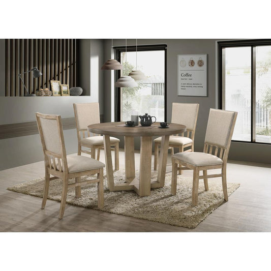 Brutus Vintage Walnut 5 Piece 47" Wide Contemporary Round Dining Table Set with Wheat Colored Fabric Chairs