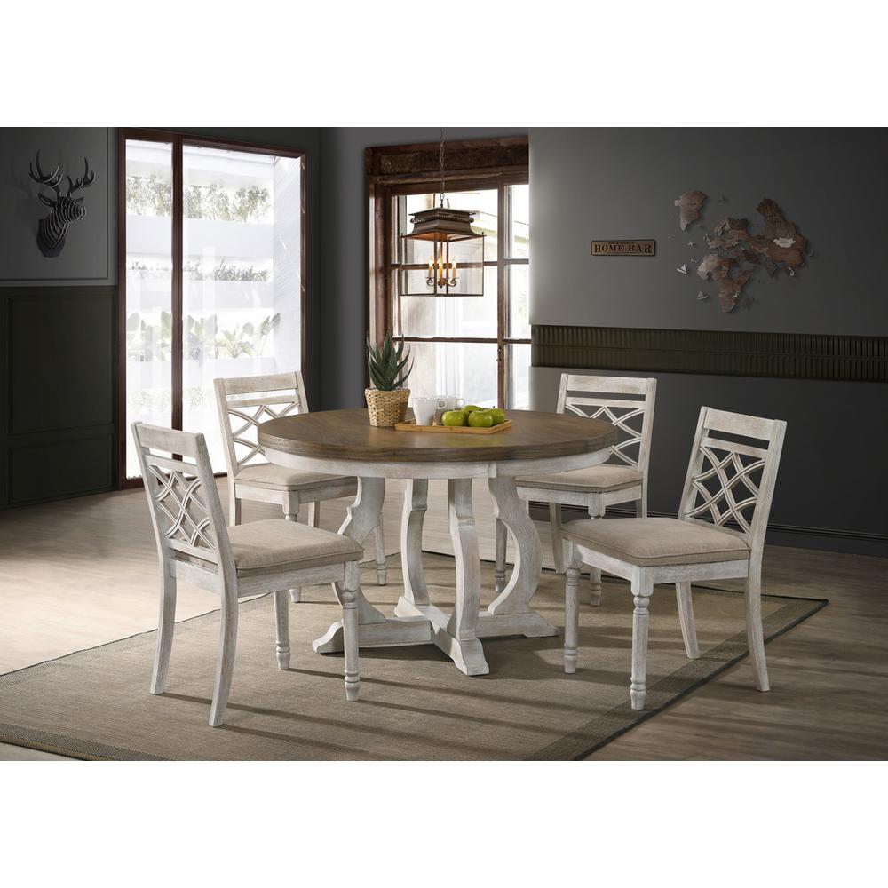 Havanna Vintage Walnut 5 Piece 47" Wide Contemporary Round Dining Table Set with Off White Fabric Chairs